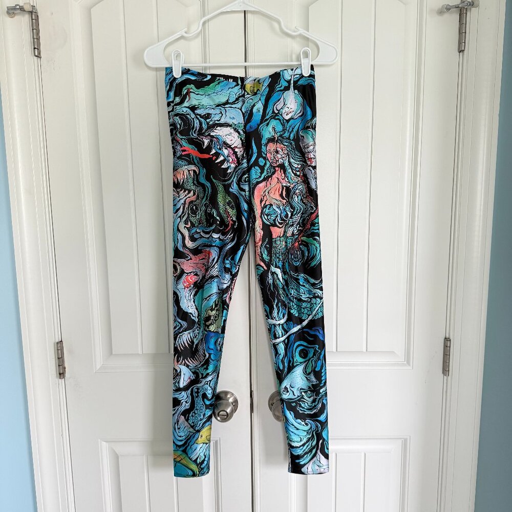 Blackmilk Scary Ocean Mermaid Vibrant Hand-drawn No Swimming Leggings